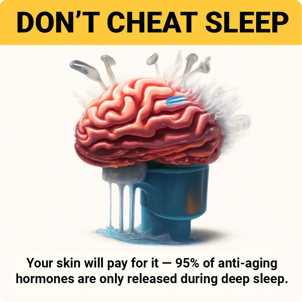 Illustration of a brain with screws and text warning about importance of sleep.