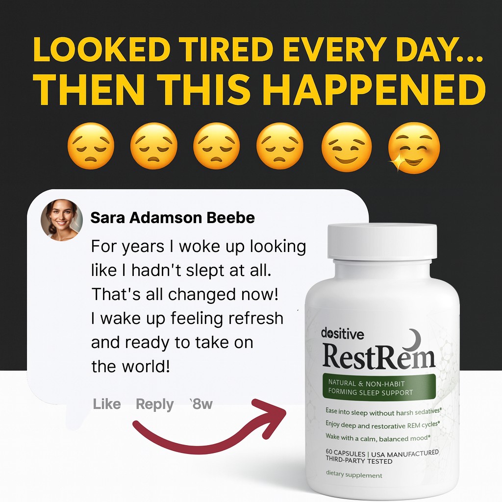 Advertisement for a sleep support supplement with testimonial and product image.