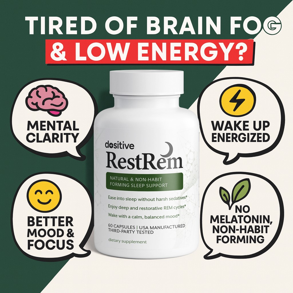 RestRem sleep supplement bottle with benefits like mental clarity and non-habit forming.