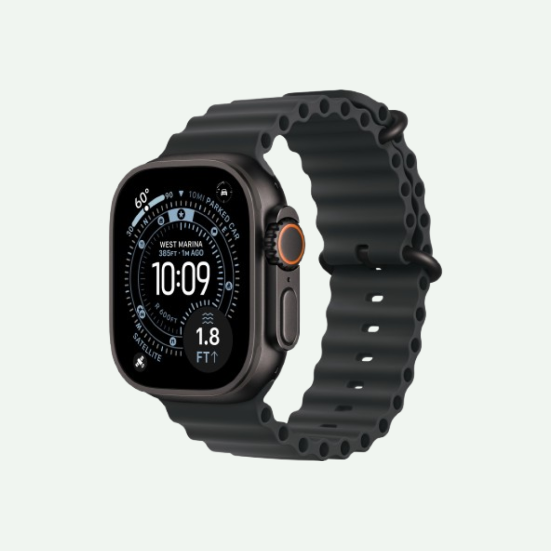Smartwatch with black strap displaying time and various digital readings.