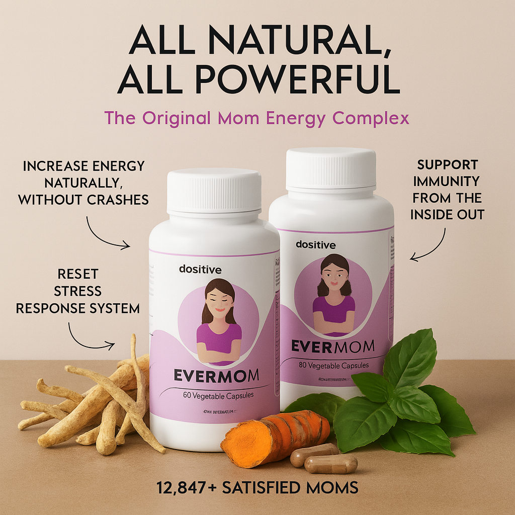 Two supplement bottles with herbs, labeled 'EVERMOM' and promotional text.