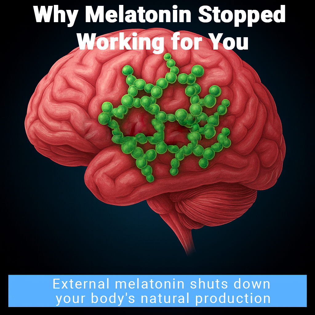 Illustration of a brain with green molecular structure, text about melatonin.