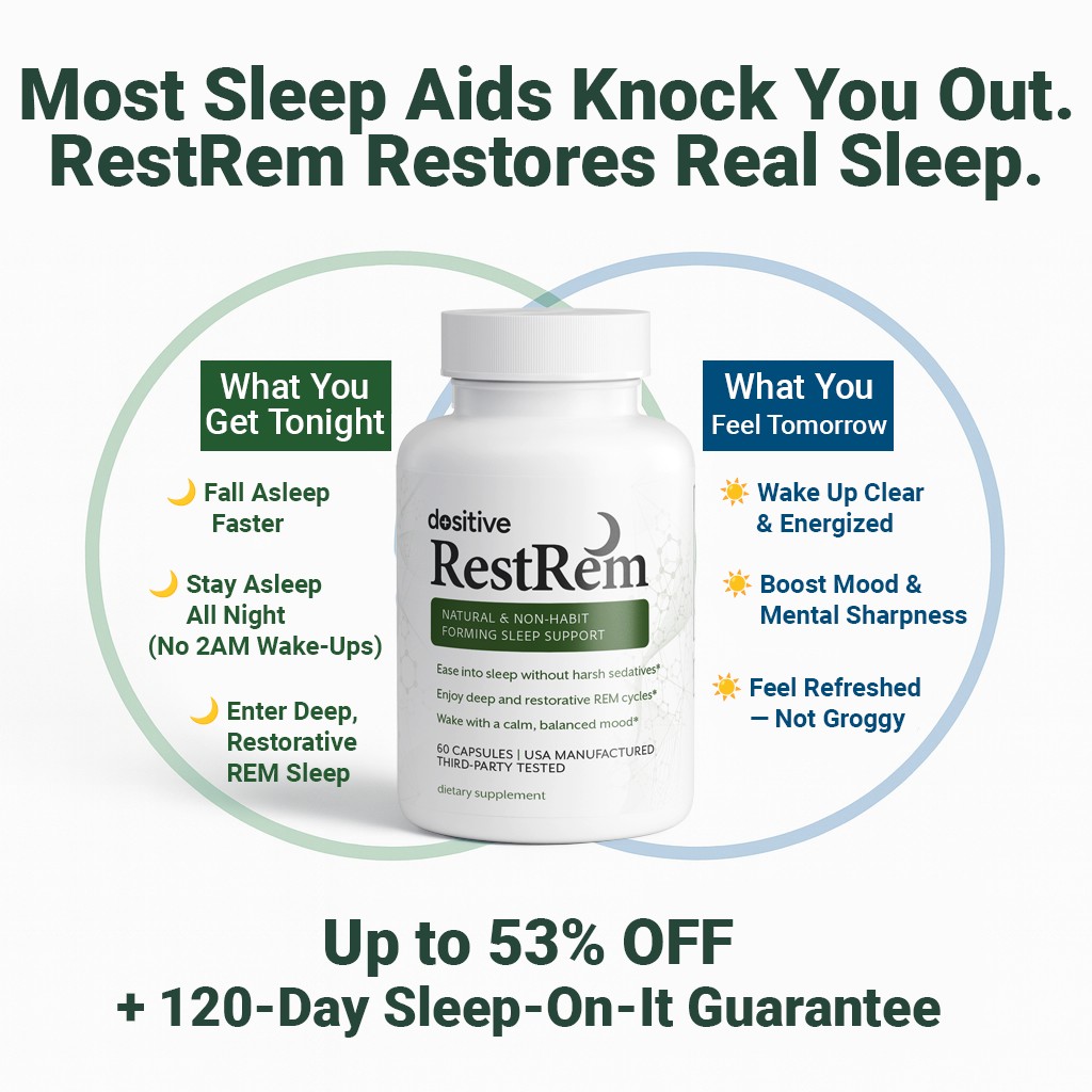 Image of a RestRem supplement bottle with benefits listed on both sides.