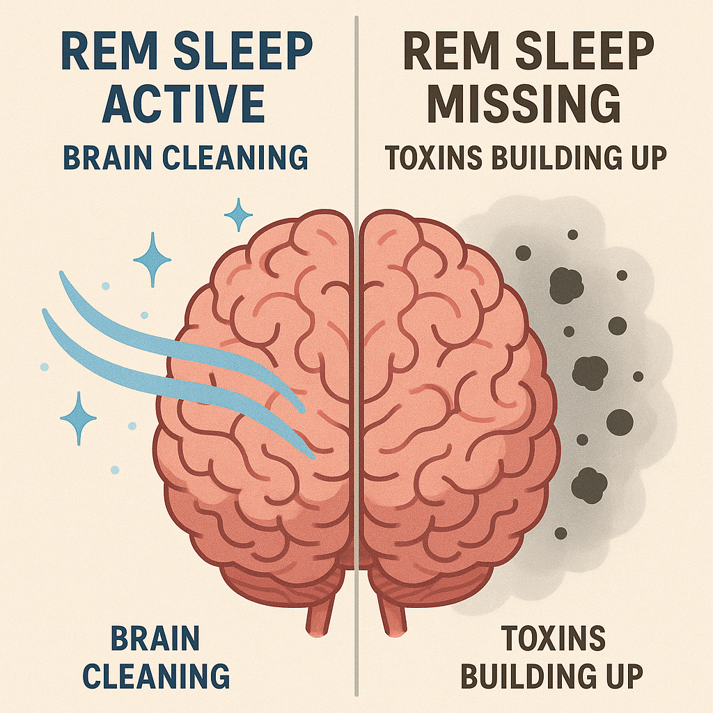 Illustration comparing brain cleaning during REM sleep and toxin buildup without it.