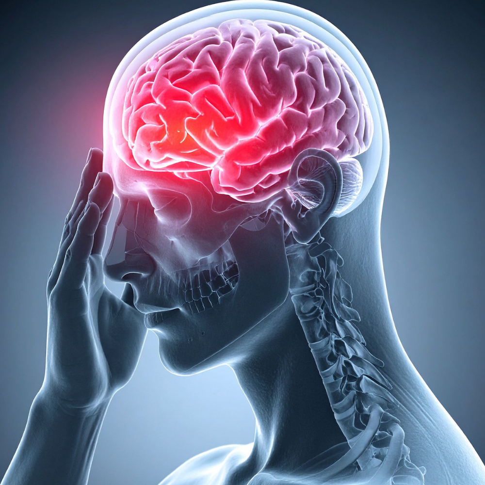 Transparent person with exposed red brain, holding head.