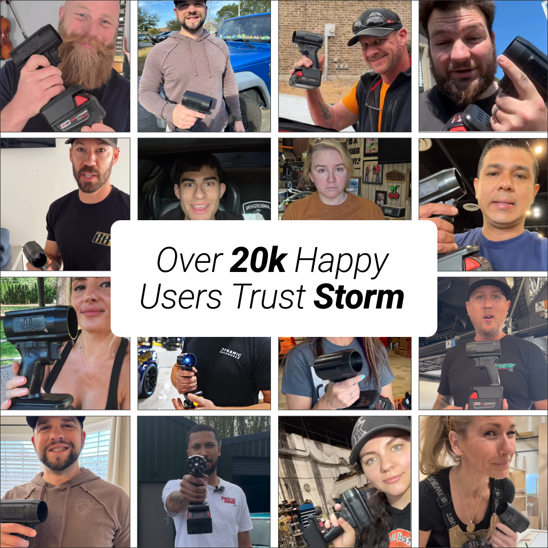 A collage of photos of people holding a handheld tool with text saying 'Over 20k Happy Users Trust Storm'.