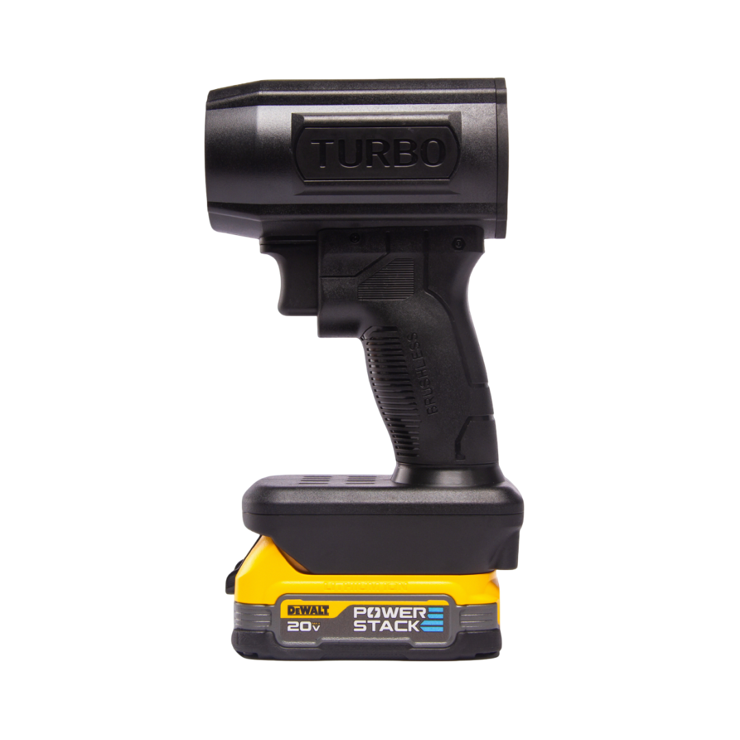 Black handheld tool with 'TURBO' and yellow 20V base.
