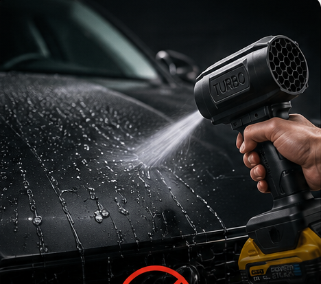 A person uses a handheld turbo blower to dry the wet hood of a black car.