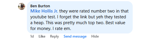A screenshot of a Facebook comment from user Ben Burton to Mike Hollis Jr. about a YouTube test.