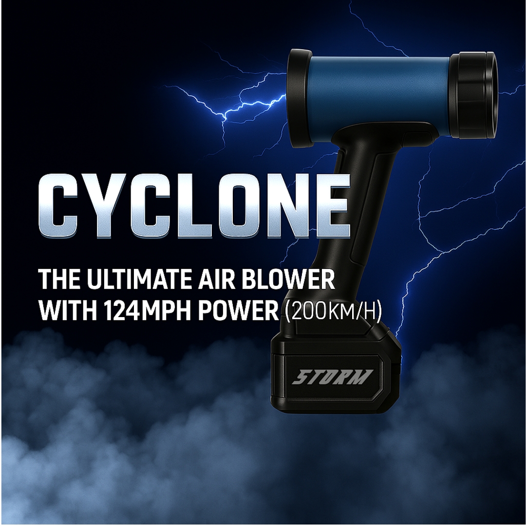 Image of a blue air blower with text 'Cyclone' and '124MPH Power' on a stormy background.