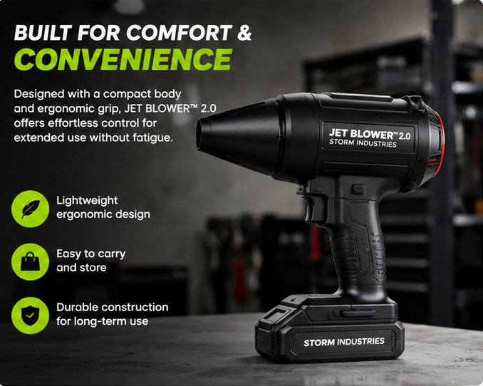 A black, cordless Jet Blower 2.0 sits on a workbench next to a list of its features.