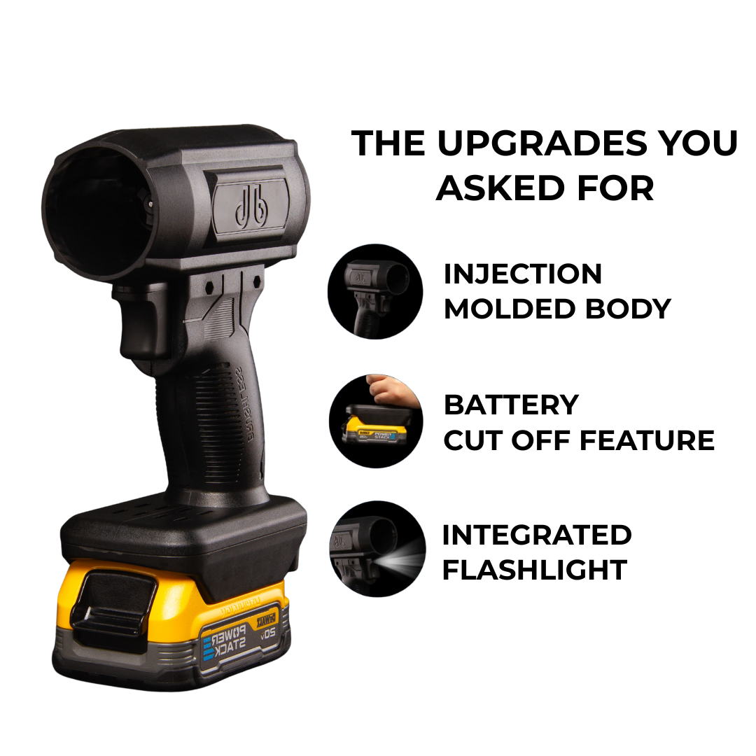 A power tool with features: injection molded body, battery cut off, integrated flashlight.