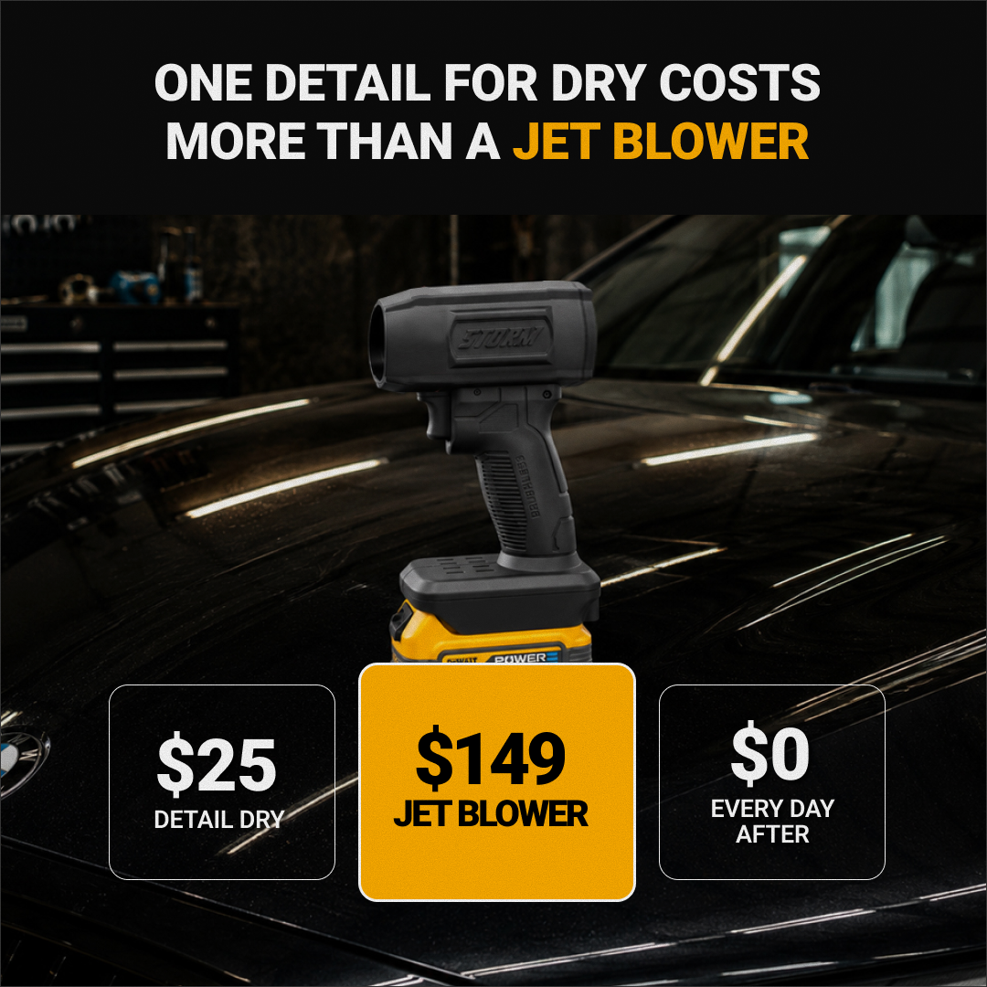 An advertisement showing a cordless jet blower on a car hood, comparing the cost of the tool to detail drying.