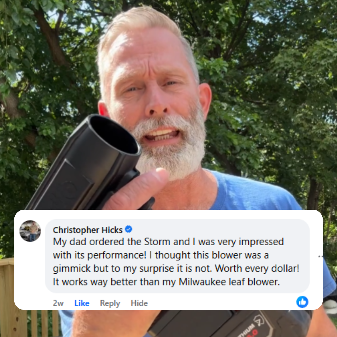 Man holding a leaf blower, with a Facebook comment overlayed.