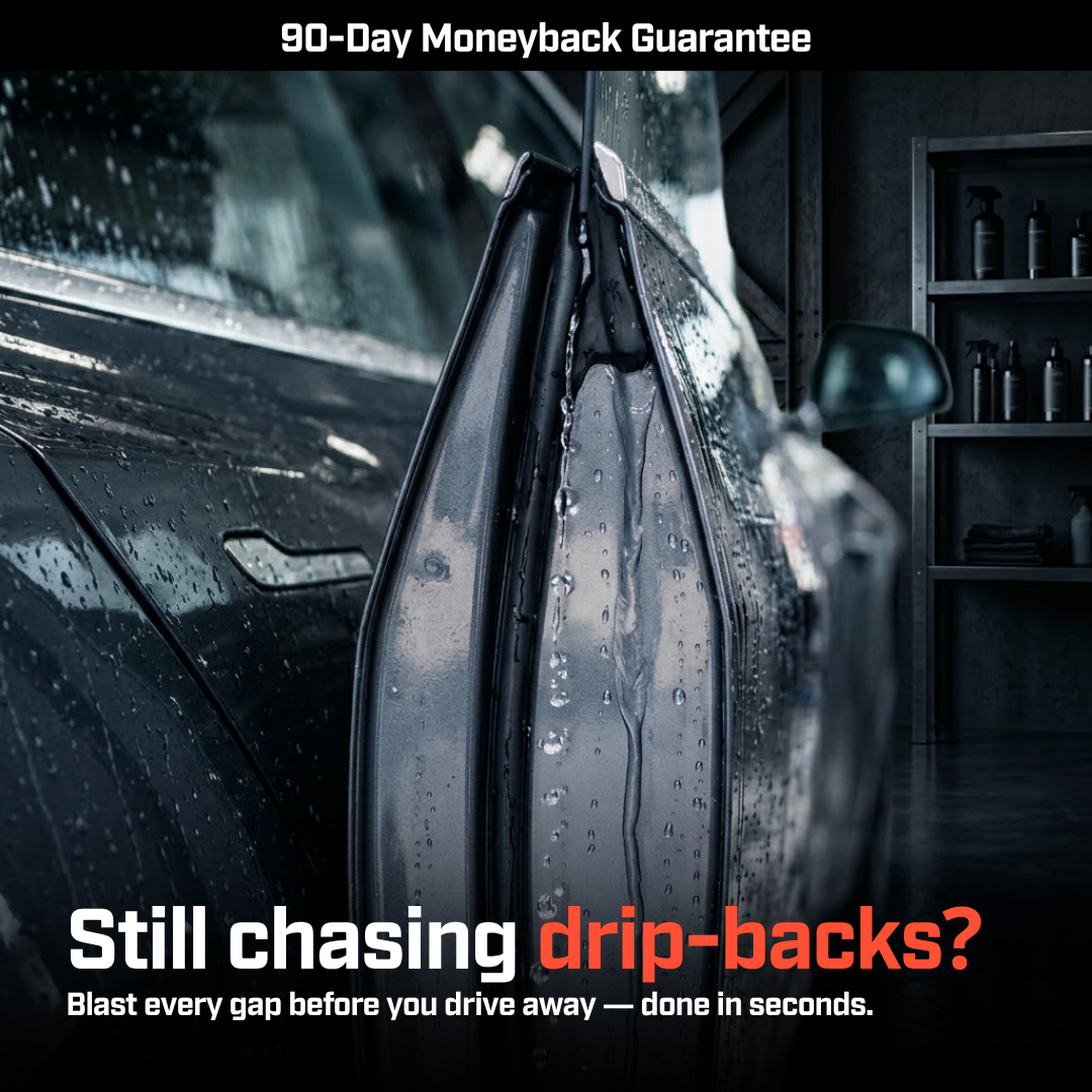 A close-up of a wet, dark car with an open door, showing water dripping from the doorjamb.
