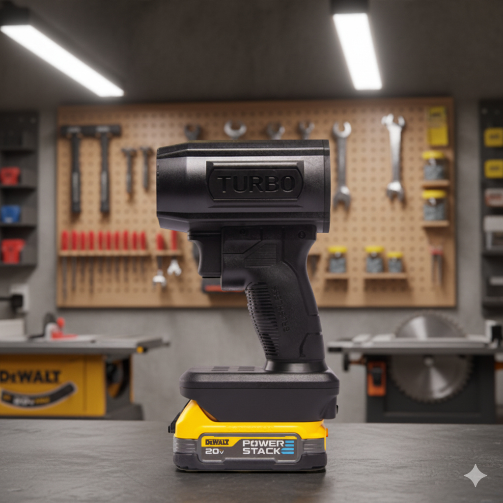 Black cordless drill on a workbench with tools on a pegboard behind.