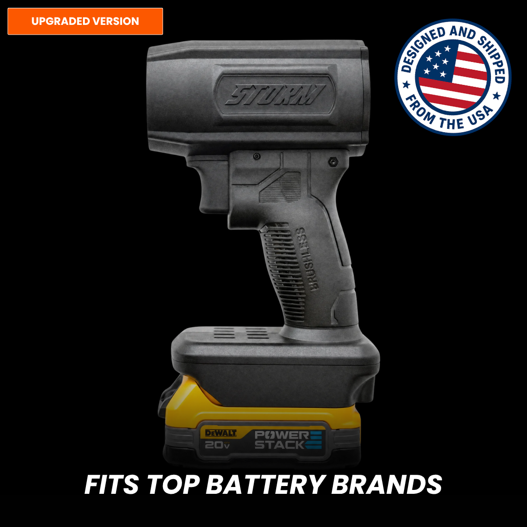 A black Storm brand brushless power tool attached to a yellow DeWalt 20v Power Stack battery.