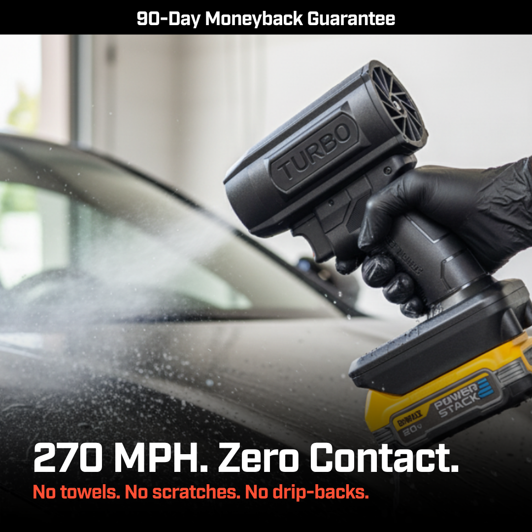 A person in a black glove uses a cordless blower to dry water off the hood of a car.