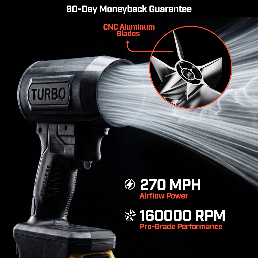A black handheld turbo blower with visible airflow, highlighting its aluminum blades and performance specifications.