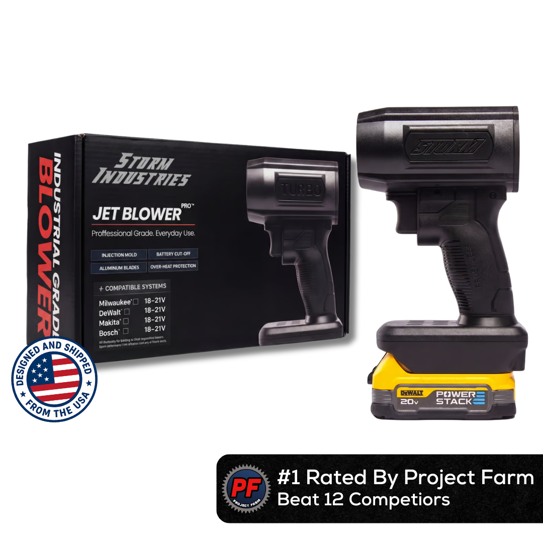 A Storm Industries Jet Blower with a DeWalt battery attached, shown next to its product packaging.
