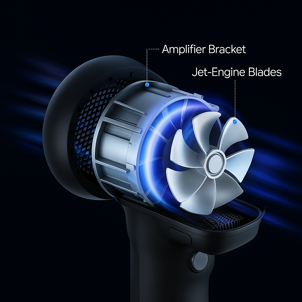 Close-up of a fan with labeled amplifier bracket and jet-engine blades.