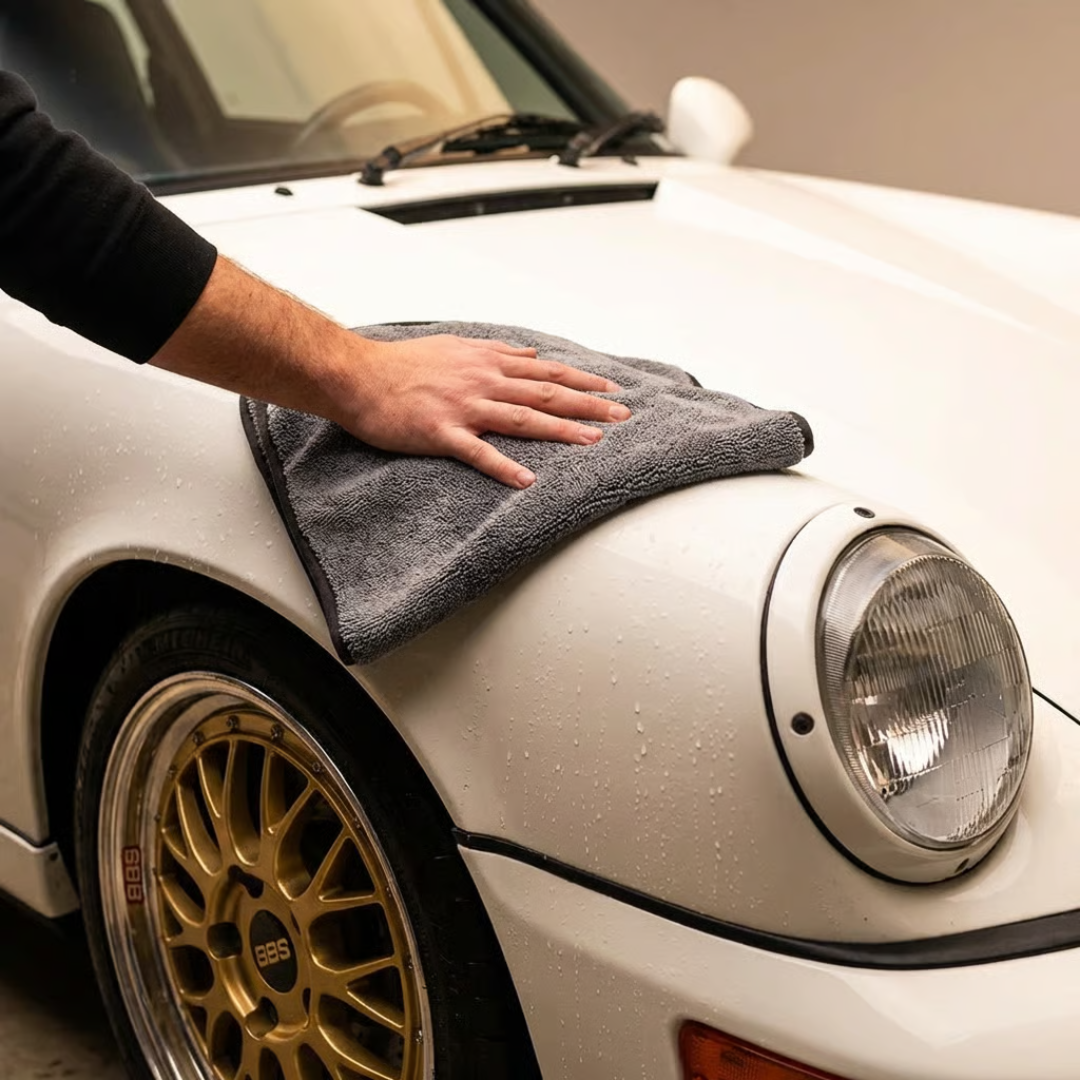 A person dries a wet, white car with a gray microfiber towel over the front fender.