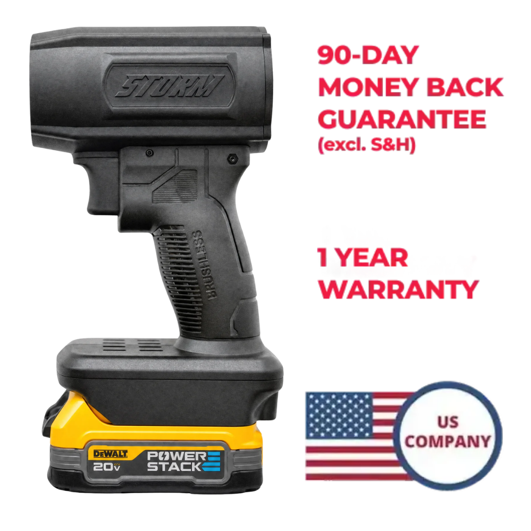 A black cordless tool labeled 'Storm' on a yellow DeWalt 20v Power Stack battery, with warranty text.