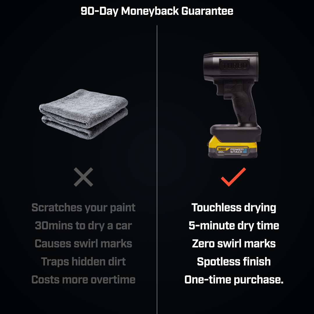 An ad comparing a microfiber towel unfavorably to a cordless blower for drying cars.