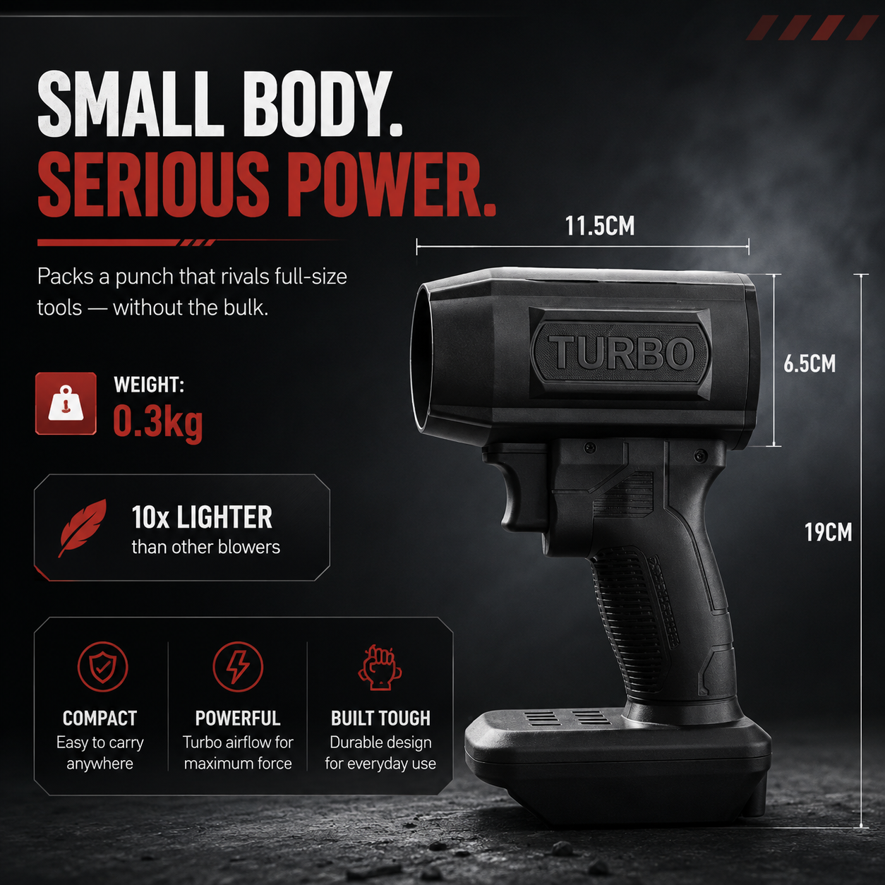 A black handheld turbo blower showing its dimensions and features like being compact, powerful, and tough.