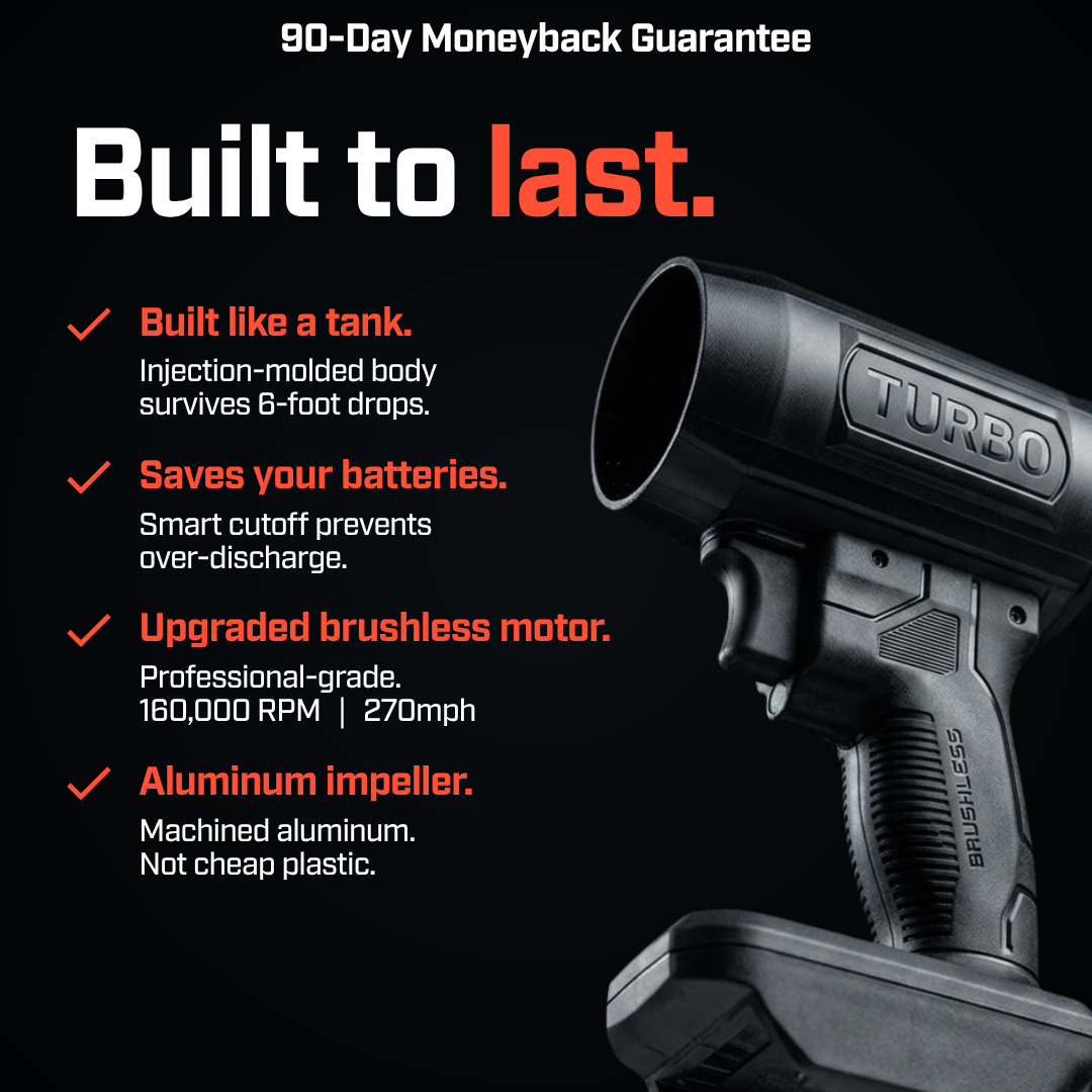 A black turbo blower on a dark background with a list of its features in red and white text.