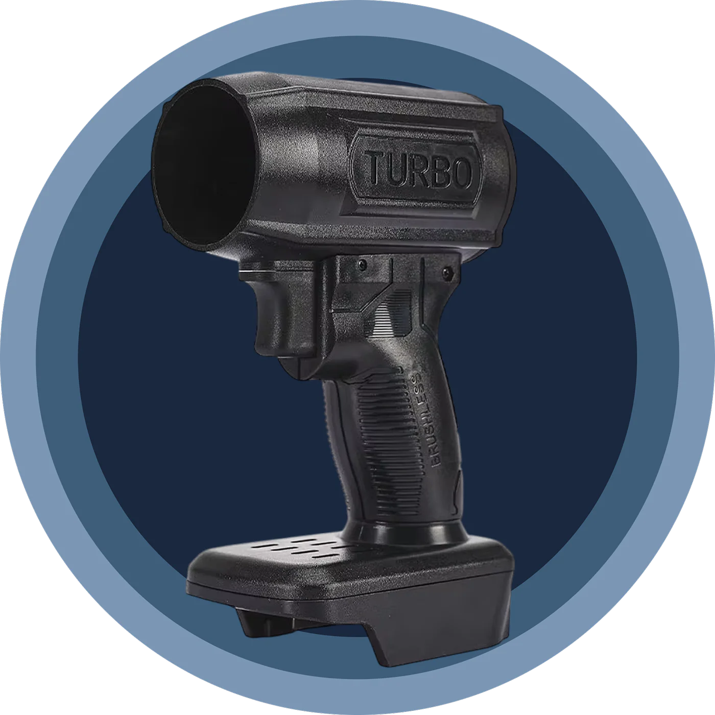 A black handheld cordless blower with the word TURBO on the side, set against a blue circular background.
