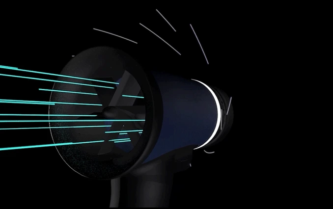 Close-up of a futuristic hairdryer with glowing lines and a dark background.