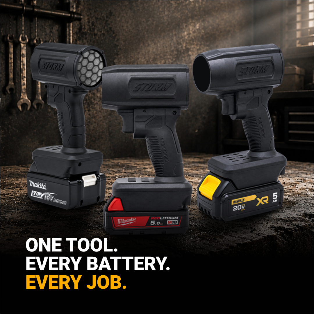Three black cordless Storm spotlights, each with a different brand of battery: Makita, Milwaukee, and DeWalt.