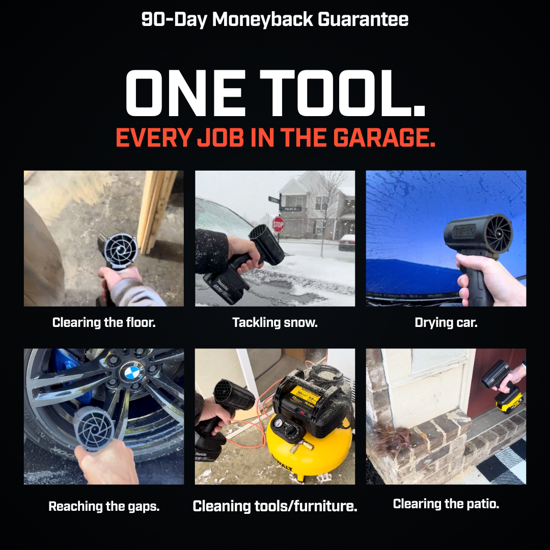 An advertisement showing a handheld blower being used for various tasks like cleaning floors, cars, and patios.