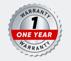A silver seal with a red bar that reads '1 One Year Warranty'.