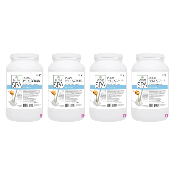 Four jars of La Palm Jojoba Pedi Scrub with milk and honey.