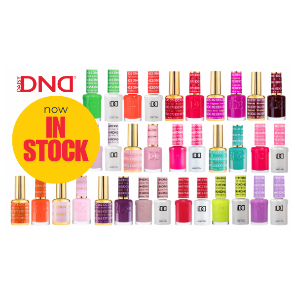 Assorted nail polish bottles with 'Daisy DND' and 'Now In Stock' text.