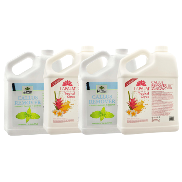 Four bottles of La Palm callus remover in different scents.
