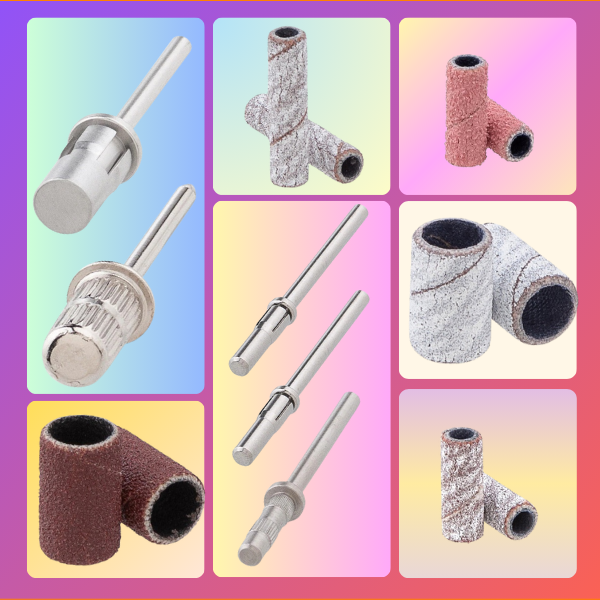 Collage of various sanding drum mandrels and sleeves on a colorful gradient background.