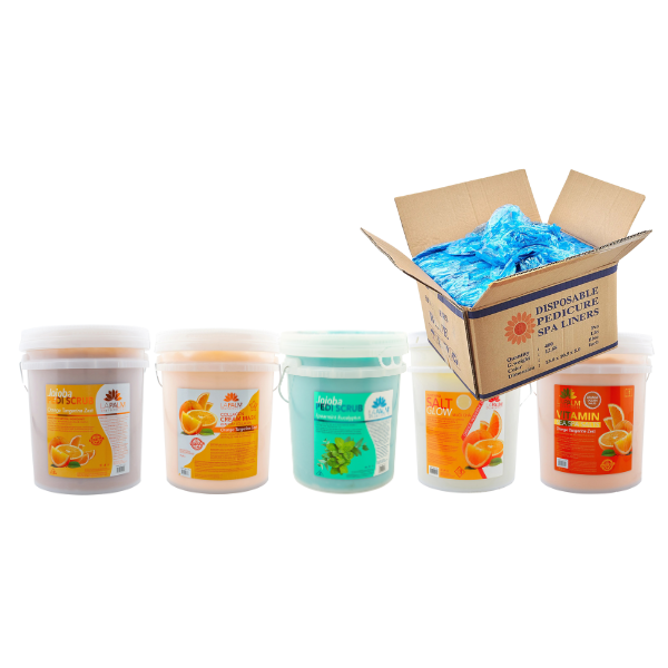 Five spa product containers and a box of disposable pedicure spa liners.