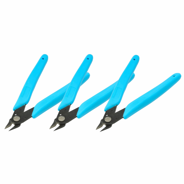 Four blue-handled wire cutters arranged diagonally on a white background.