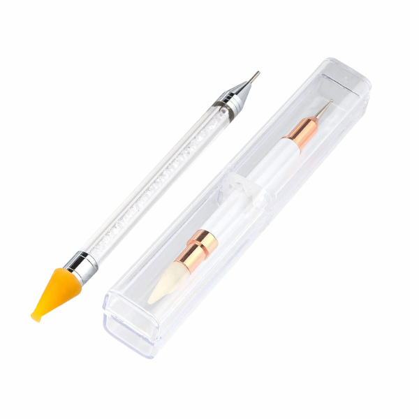 Two nail art dotting tools, one with a yellow tip, in a clear case.