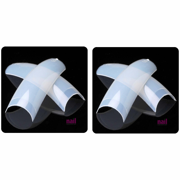 Two sets of overlapping white nail tips on a black background.