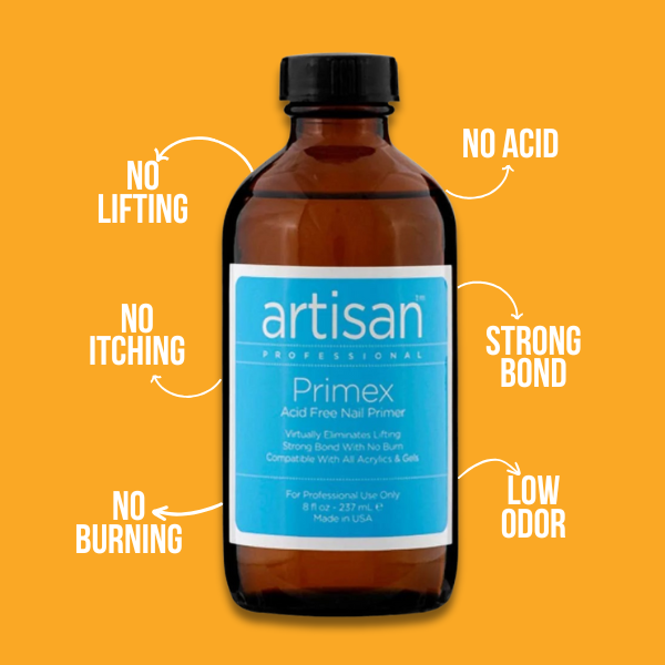 Brown bottle of Artisan Primex Acid Free Nail Primer with text highlighting features.