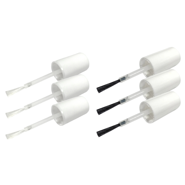 Six white nail polish brushes, three with black bristles, three with white bristles.