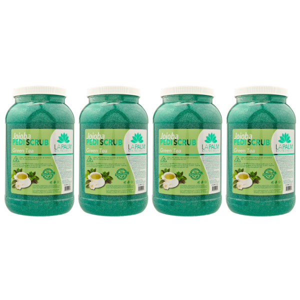 Four jars of green tea jojoba pedi scrub with white lids.