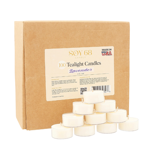 Box of 100 lavender-scented tealight candles with some candles stacked in front.