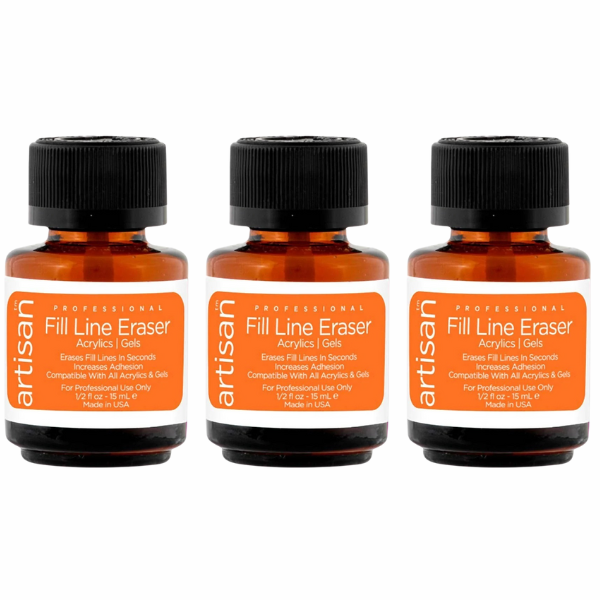 Three bottles of Artisan Fill Line Eraser for acrylics and gels.