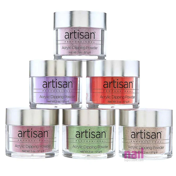 Six jars of Artisan acrylic dipping powder in various colors.