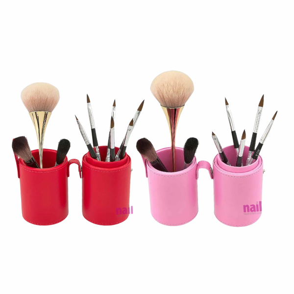 Four containers holding various makeup brushes and tools.